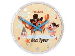 Children Wall Clock Pirate Crab, Wood Clock, Large , Quiet Personalized With A Name & Ocean Animals Crab Shells Shrimp - thumbnail 1