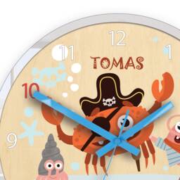Children Wall Clock Pirate Crab, Wood Clock, Large , Quiet Personalized With A Name & Ocean Animals Crab Shells Shrimp - thumbnail 2