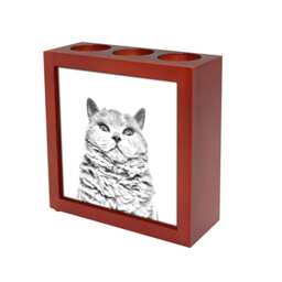 Selkirk Rex Shorthaired - Wooden Stand For Candles/Pens With The Image Of A Cat New Collection - thumbnail 1