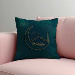Ramadan Kareem Cushion Cover, Teal Islamic Pillow, Eid Decor, Crescent Mosque Sofa Case - thumbnail 3