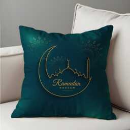 Ramadan Kareem Cushion Cover, Teal Islamic Pillow, Eid Decor, Crescent Mosque Sofa Case - thumbnail 4