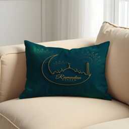 Ramadan Kareem Cushion Cover, Teal Islamic Pillow, Eid Decor, Crescent Mosque Sofa Case - thumbnail 2