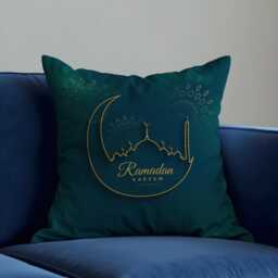 Ramadan Kareem Cushion Cover, Teal Islamic Pillow, Eid Decor, Crescent Mosque Sofa Case - thumbnail 1