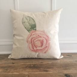 Rose Watercolor Linen Pillow Cover - Pink Flower, Garden Decor - thumbnail 1