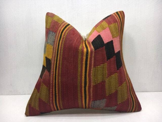 Vintage Turkish Kilim Pillow Cover, Bohemian Throw - 16x16 - image 1