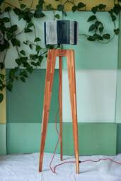"Tripod Floor Lamp - Scandinavian Beech Wood Light With Green Textile Shade, Model ""Lvyv" - thumbnail 1