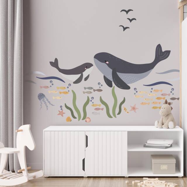 Ocean Life Fabric Wall Decals Whale Nursery Decor, Repositionable - image 1