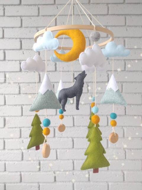 Wolf Mobile, Nursery Decor, Mountain Woodland Baby Rustic Forest Animals Felt Mobile For Crib - image 1