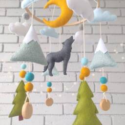 Wolf Mobile, Nursery Decor, Mountain Woodland Baby Rustic Forest Animals Felt Mobile For Crib - thumbnail 2