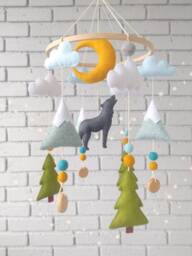 Wolf Mobile, Nursery Decor, Mountain Woodland Baby Rustic Forest Animals Felt Mobile For Crib - thumbnail 1