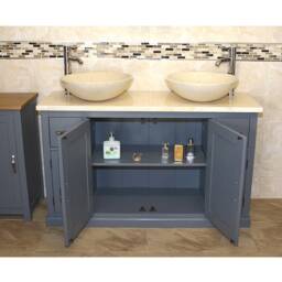 Painted Wood Bathroom Vanity Cabinet Double Twin Sink Bowl Basin & Cream Marble Unit 402Gcm025cm - thumbnail 3