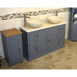 Painted Wood Bathroom Vanity Cabinet Double Twin Sink Bowl Basin & Cream Marble Unit 402Gcm025cm - thumbnail 2
