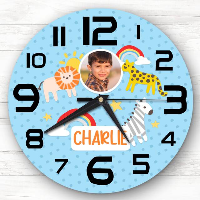 Baby Animals Blue Photo Boys Room Custom Gift Personalised Clock - image 1