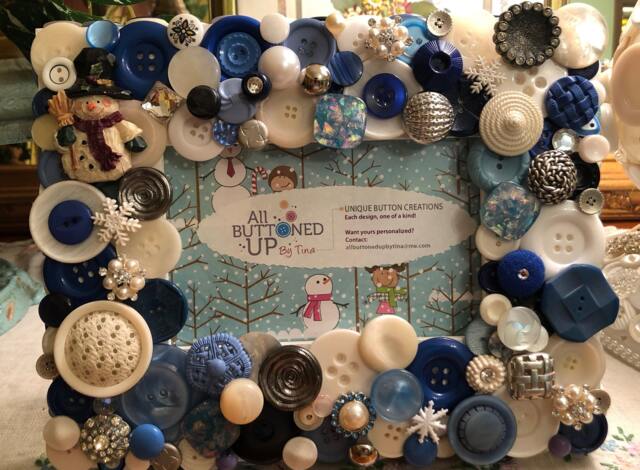 "Snowman Themed Button Picture Frame in Blue & White With Icy Winter Crystals For 4""x6" - image 1