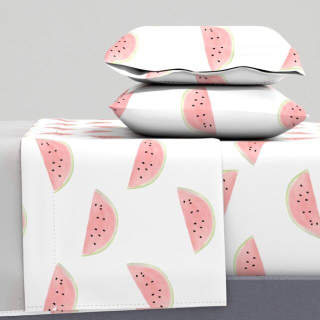 Summer Fruit Sheets - Watermelon Seamless On White By Dailymiracles Watercolor Cotton Sateen Sheet Set Bedding Spoonflower - image 1