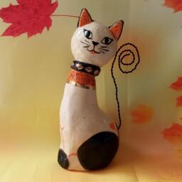 Handmade Ceramic Cat Sculpture, Pottery Decor, Aluminum Tail - thumbnail 1