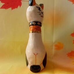 Handmade Ceramic Cat Sculpture, Pottery Decor, Aluminum Tail - thumbnail 3