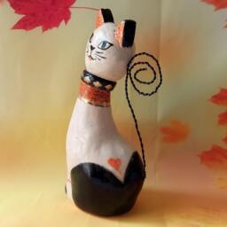 Handmade Ceramic Cat Sculpture, Pottery Decor, Aluminum Tail - thumbnail 2