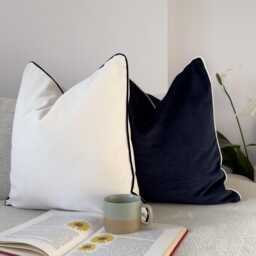 Velvet Off White Pillow Covers Navy Blue Piping Scatter Cushion Cover - All Sizes - thumbnail 3