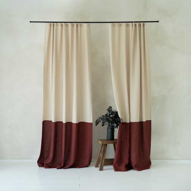 Linen Window Curtains Color Block, Natural Curtain Panel With Tape For Rings, Unlined, Blackout Or Privacy Drapes, Treatments - image 1