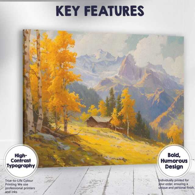 Golden Autumn Aspen Mountain Cabin Landscape Canvas Wall Art Print Decor Picture Ready To Hang - image 1