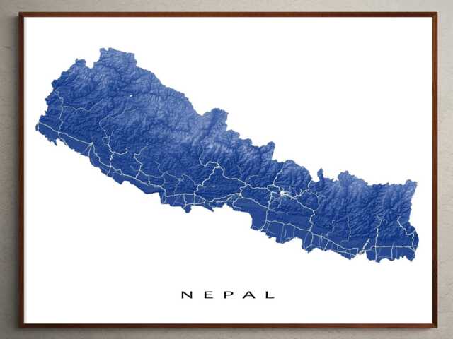 Nepal Map Print Poster, 3D Landscape Terrain Topographic Road Maps ...