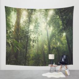 Sunny Jungle Wall Tapestry, Forest Tapestry, Nature Wall Hanging, Sunbeams in The Rainforest - thumbnail 1