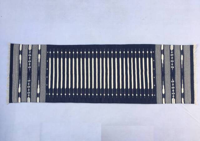 Multiple Sizes Navy Blue Cotton Runner Handmade Rug - Dark Royal & White - image 1