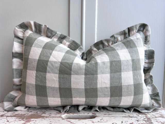 Cushions Made Linen Cotton Luxury Designer Pale Green Check Cushion Pillow Throw Cover Ruffle Frill - image 1