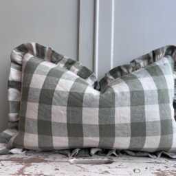 Cushions Made Linen Cotton Luxury Designer Pale Green Check Cushion Pillow Throw Cover Ruffle Frill - thumbnail 3