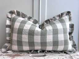 Cushions Made Linen Cotton Luxury Designer Pale Green Check Cushion Pillow Throw Cover Ruffle Frill - thumbnail 1
