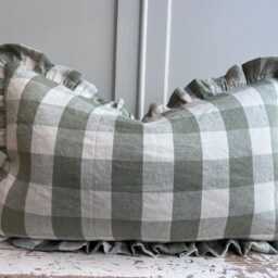 Cushions Made Linen Cotton Luxury Designer Pale Green Check Cushion Pillow Throw Cover Ruffle Frill - thumbnail 2