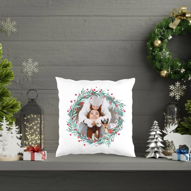 Personalised Christmas Wreath Cushion With Photo