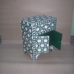 Designer Bone Inlay Green Geometric Pattern Bedside Nightstand - thumbnail 3