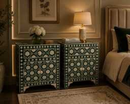 Designer Bone Inlay Green Geometric Pattern Bedside Nightstand - thumbnail 1
