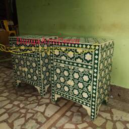 Designer Bone Inlay Green Geometric Pattern Bedside Nightstand - thumbnail 2