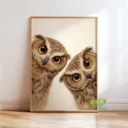 Whimsical Owls Art Print, Mid Century Retro Bird Poster, Funny Animal Wall Art, Quirky Home Decor For Kitchen Or Living Room - thumbnail 1