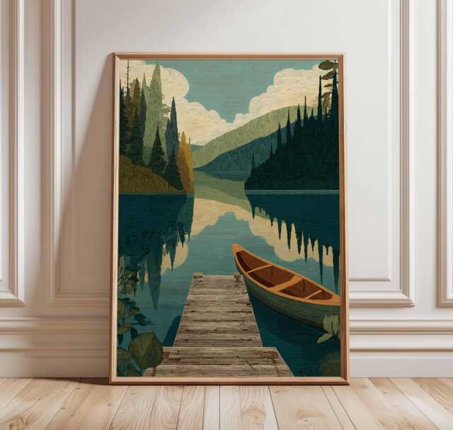 Tranquil Canoe Lake Poster - Forest Dock Landscape Wall Art, Vintage-style Nature Print, Unframe - image 1