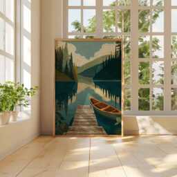 Tranquil Canoe Lake Poster - Forest Dock Landscape Wall Art, Vintage-style Nature Print, Unframe - thumbnail 3