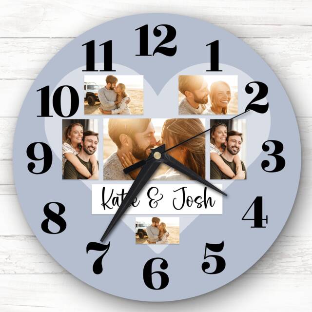Couple Love Heart Photos Dusky Blue Romantic Gift Personalised Clock - image 1