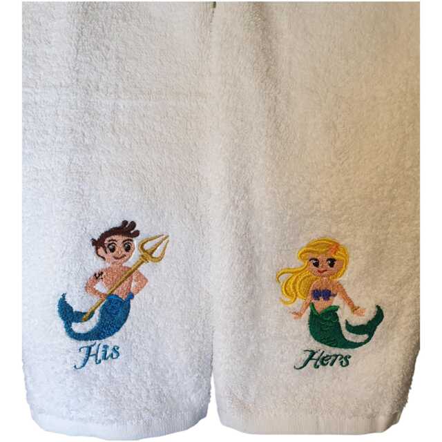Embroidered His & Hers Merman Mermaid Hand Towels - image 1