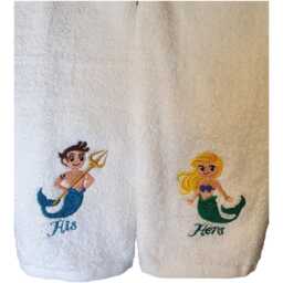 Embroidered His & Hers Merman Mermaid Hand Towels - thumbnail 1