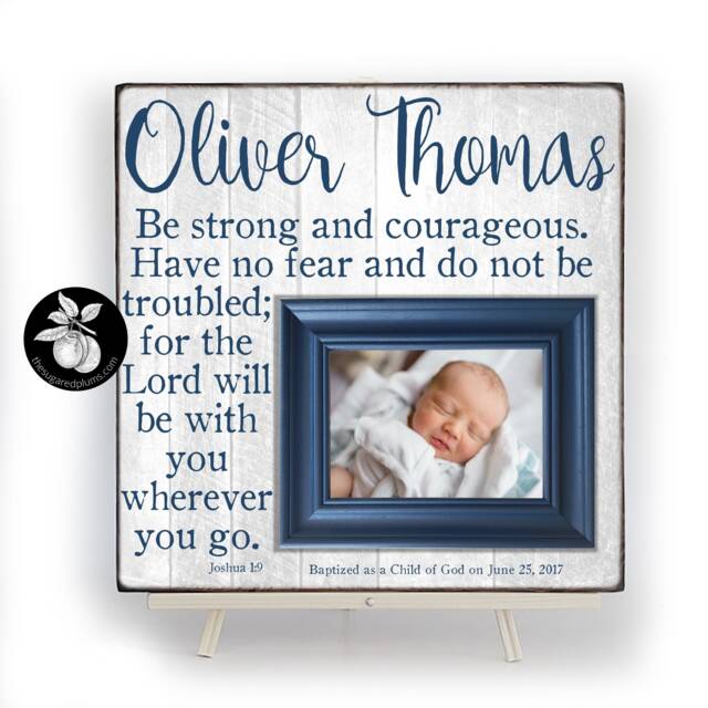 Baptism Gift Boy Picture Frame Be Strong & Courageous, Catholic Wall Art - image 1