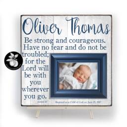 Baptism Gift Boy Picture Frame Be Strong & Courageous, Catholic Wall Art - thumbnail 1