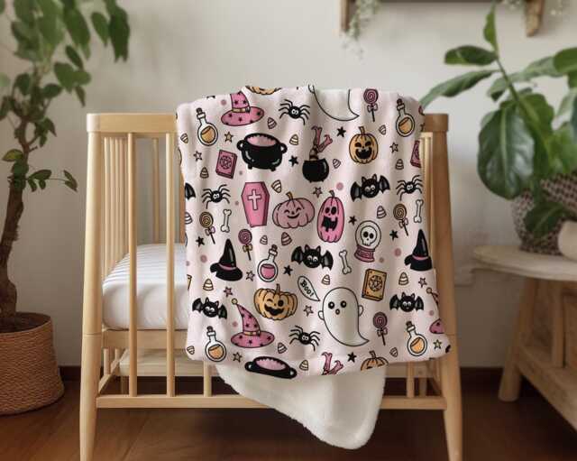 Halloween - Pink, Sherpa Fleece Blanket, Decor, Kids Bedding, Blankets, Children's, Ghost Halloween, Pumpkins, Blanket - image 1