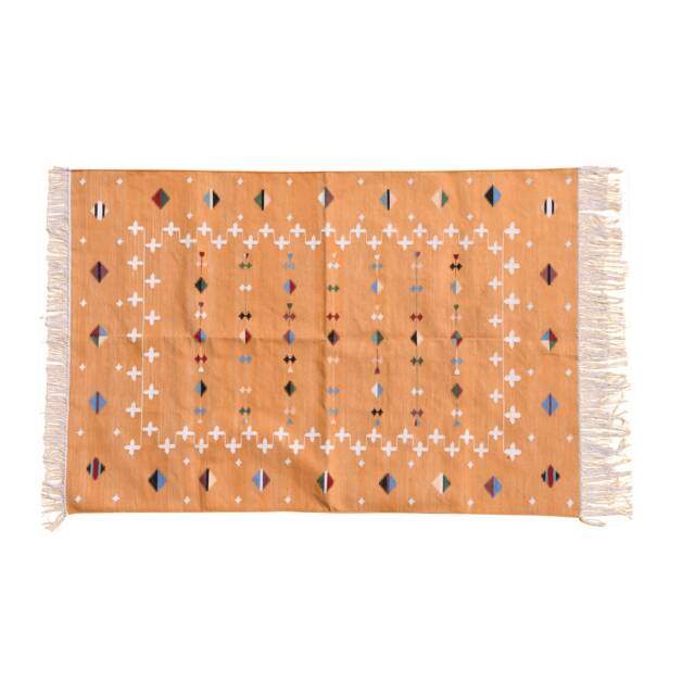Handmade Cotton Dhurrie Rug Mustard Yellow Kilim, Reversible - image 1