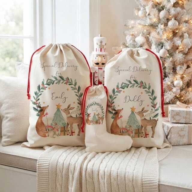Personalised Woodland Christmas Santa Sack, Custom Holiday Linen Stocking, Winter Deer Gift Bag - image 1