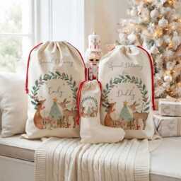 Personalised Woodland Christmas Santa Sack, Custom Holiday Linen Stocking, Winter Deer Gift Bag