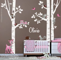 Birch Trees Sticker, Wall Decal, Forest Animals Bambi Squirrels Birds Owls Nursery Decor