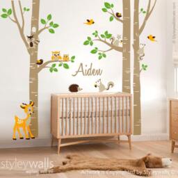 Birch Trees Sticker, Wall Decal, Forest Animals Bambi Squirrels Birds Owls Nursery Decor - thumbnail 2